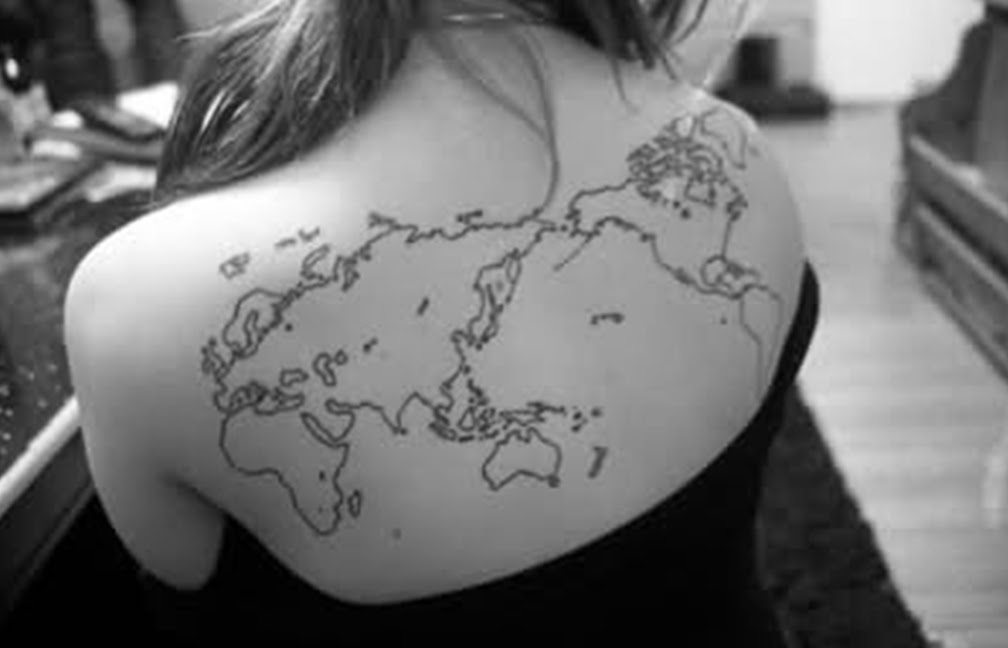 Black Outline World Map Tattoo On Girl Upper Back