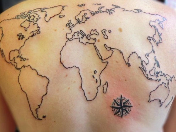 Black Outline World Map With Compass Tattoo On Upper Back