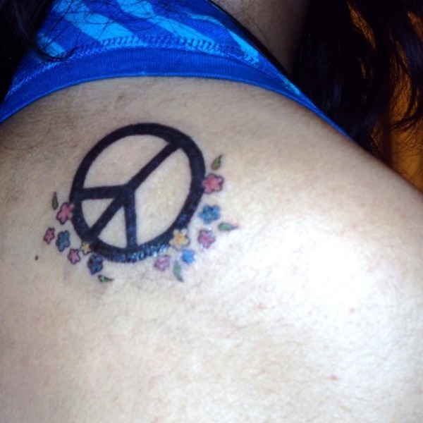 Black Peace Logo With Flowers Tattoo Design For Shoulder
