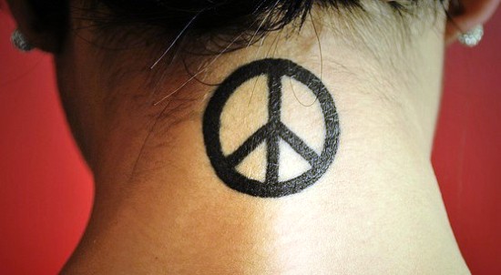 Black Peace Logo With Tattoo On Girl Back Neck