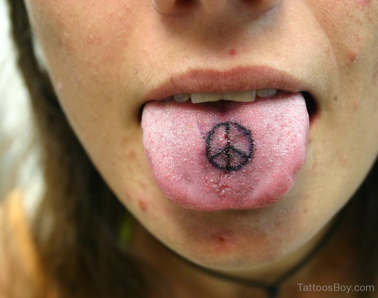 Black Peace Symbol Tattoo On Girl Tongue
