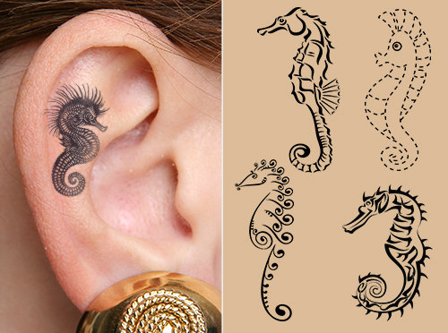 Black Seahorse Tattoo On Inside The Ear