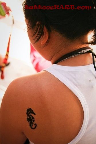 Black Seahorse Tattoo On Left Back Shoulder