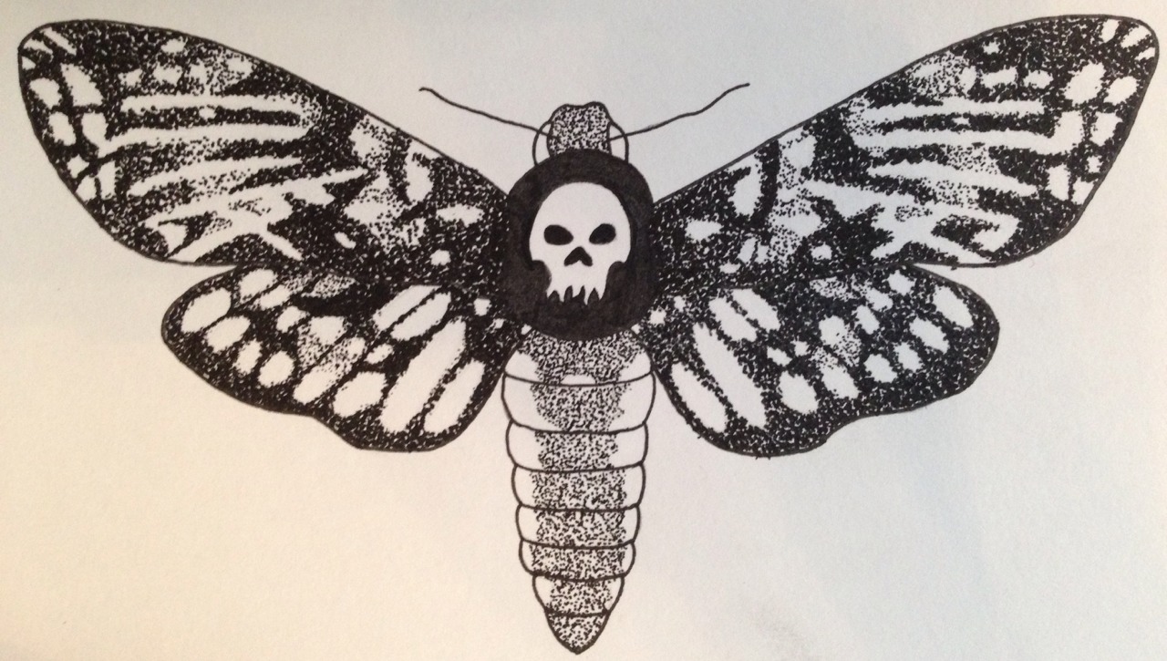 Black Skull In Moth Tattoo Stencil
