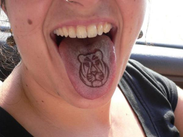 Black Tiger Head Tattoo On Girl Tongue
