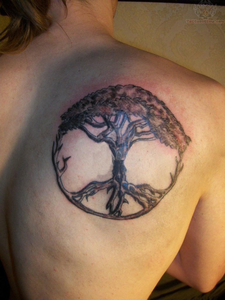 Black Tree Peace Logo Tattoo On Right Back Shoulder