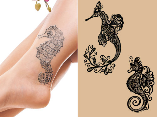 Black Two Seahorse Tattoo Design For Leg