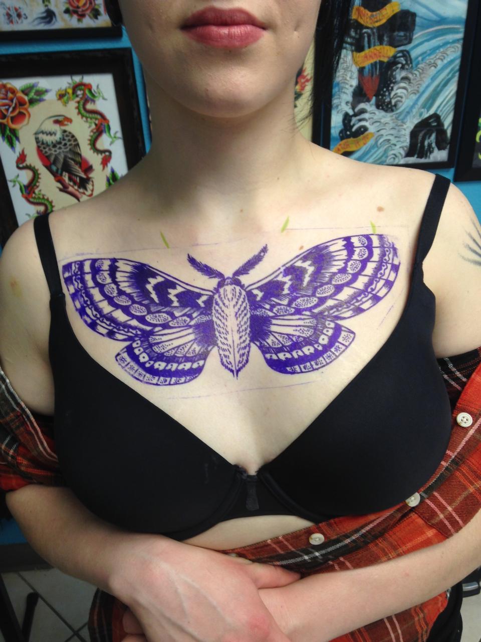 Blue Ink Moth Chest Tattoo For Girls