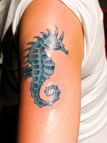 Blue Ink Seahorse Tattoo On Half Sleeve