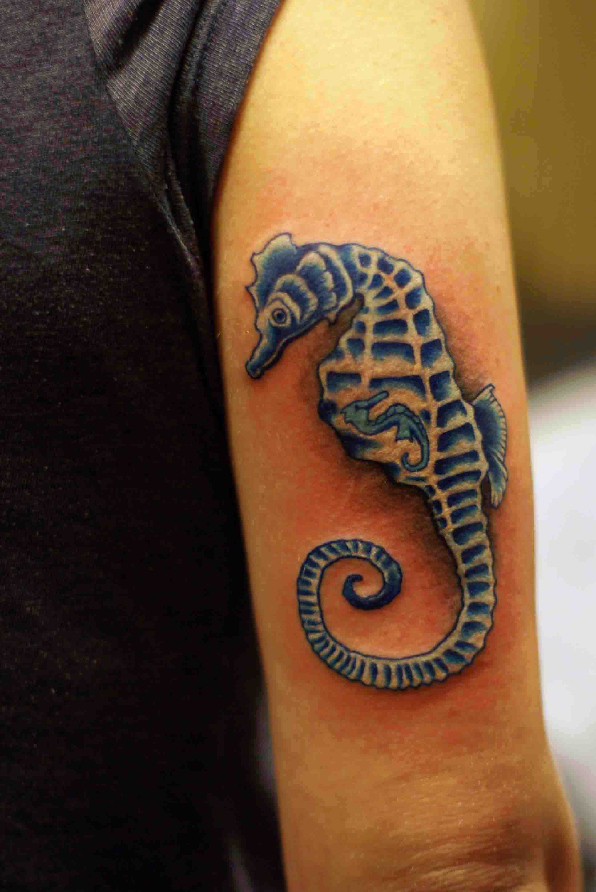 Blue Ink Seahorse Tattoo On Right Half Sleeve