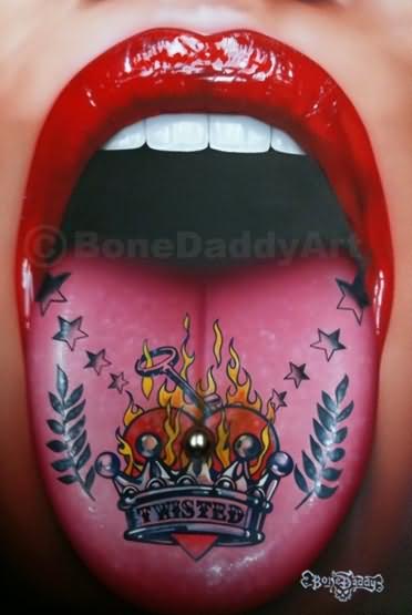 Burning Heart In Crown With Stars Tattoo On Tongue