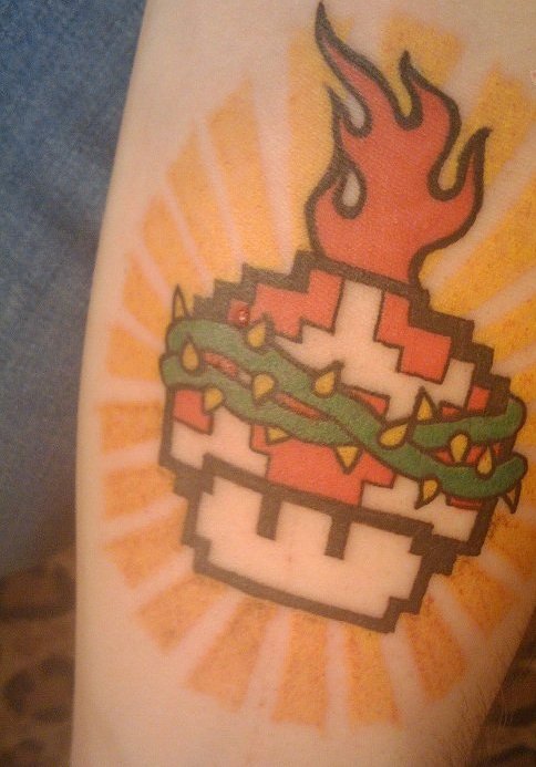Burning Mario Mushroom Tattoo On Arm