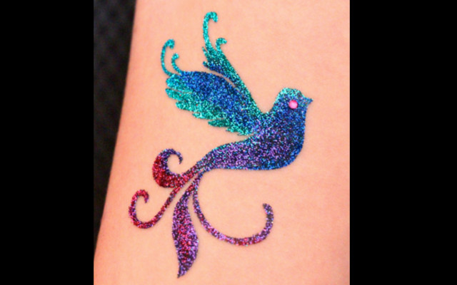Colorful Glitter Bird Tattoo Design For Forearm