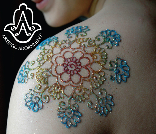 Colorful Glitter Flower Tattoo On Left Back Shoulder