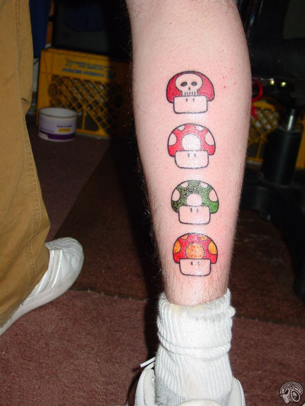 Colorful Mario Mushroom Tattoos On Leg Calf