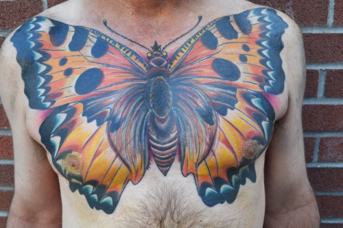 Colorful Moth Chest Tattoo