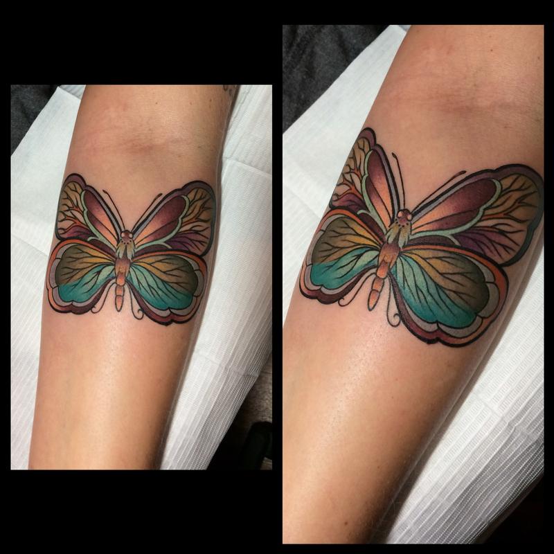 Colorful Moth Tattoo On Forearm