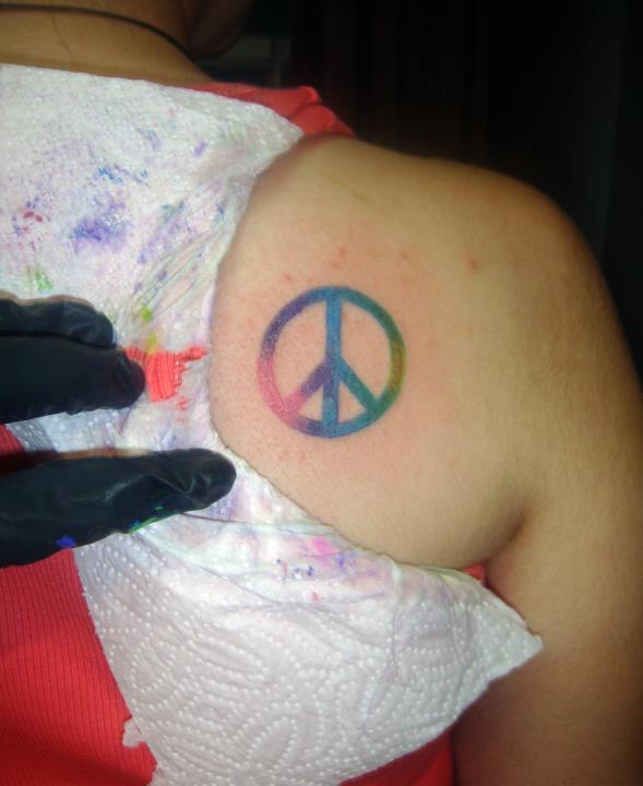 Colorful Peace Logo Tattoo On Right Back Shoulder