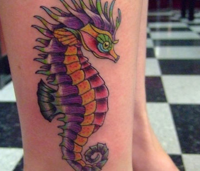 Colorful Seahorse Tattoo Design For Leg