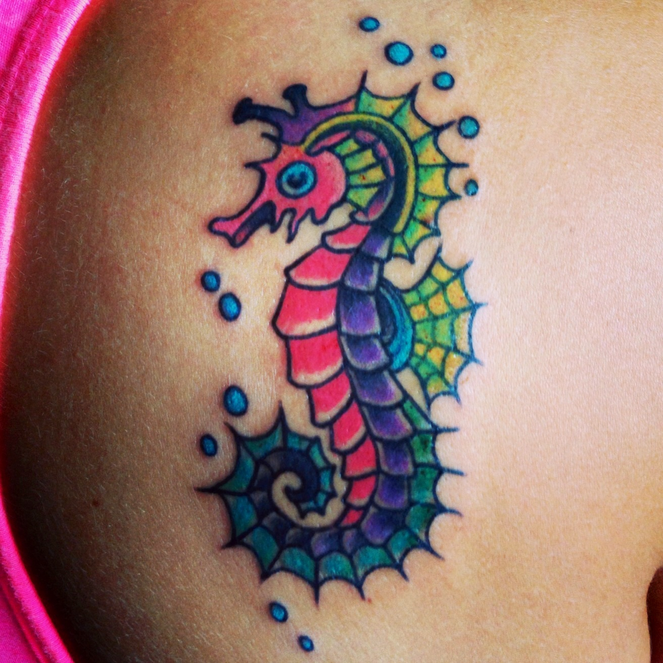 Colorful Seahorse Tattoo Design For Shoulder