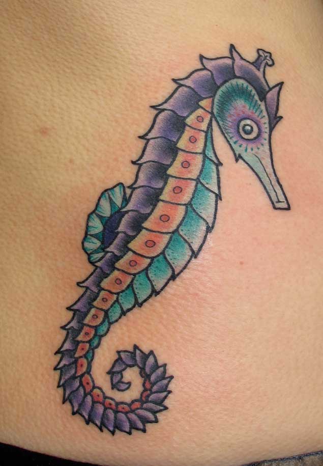 Colorful Seahorse Tattoo Design For Side Rib
