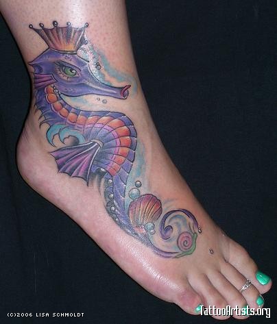 Colorful Seahorse Tattoo On Girl Foot