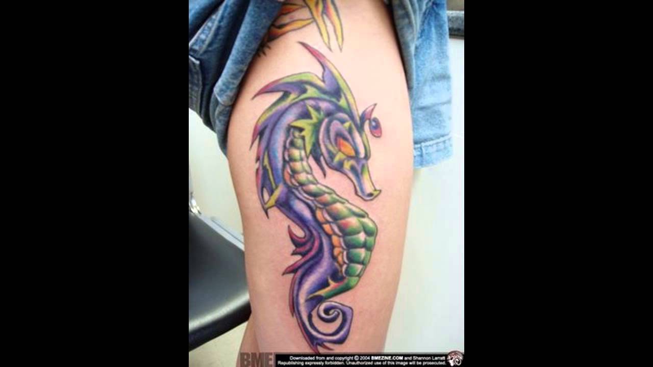 Colorful Seahorse Tattoo On Side Thigh