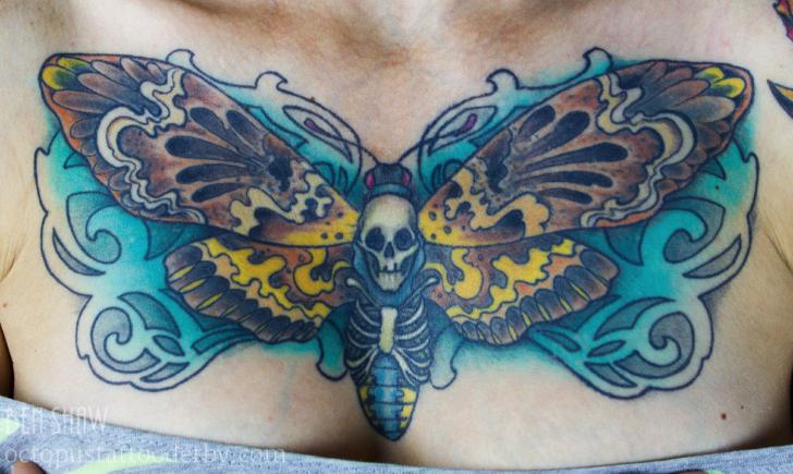 Colorful Skull In Moth Tattoo Design For Collarbone