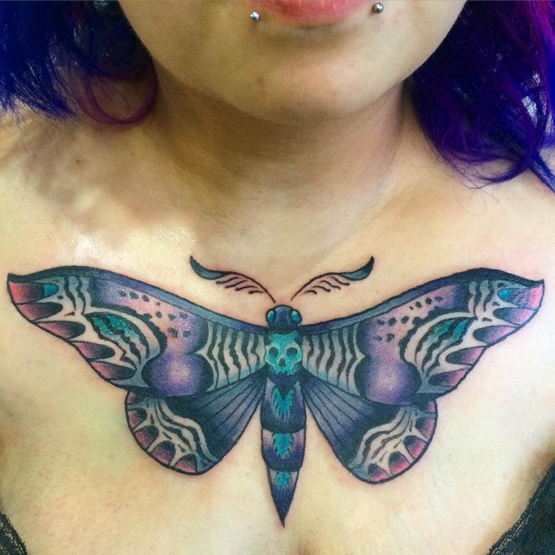 Colorful Skull Moth Chest Tattoo
