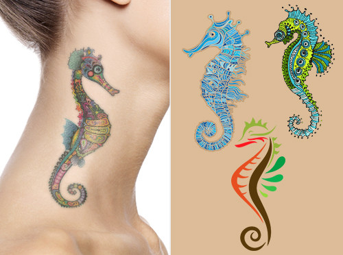 Colorful Three Seahorse Tattoo Design For Side Neck