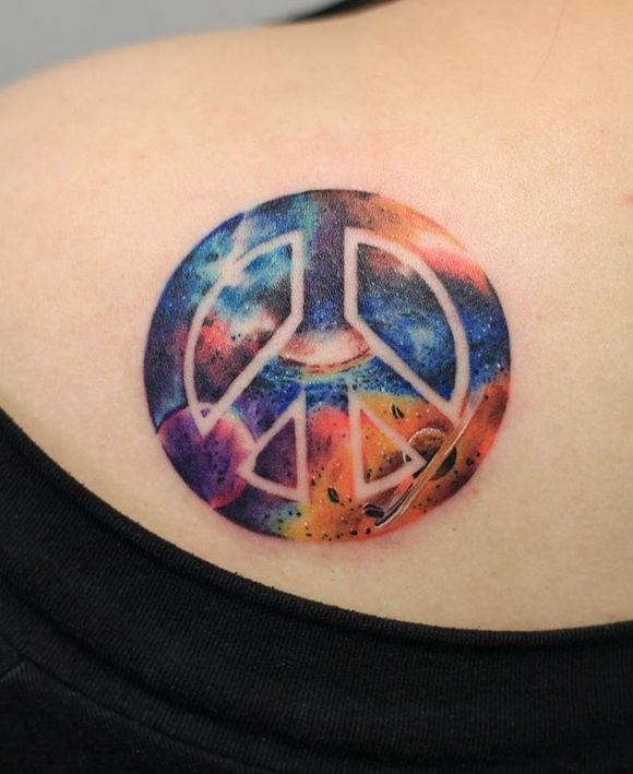 Colorful Universe In Peace Logo Tattoo Design For Back Shoulder