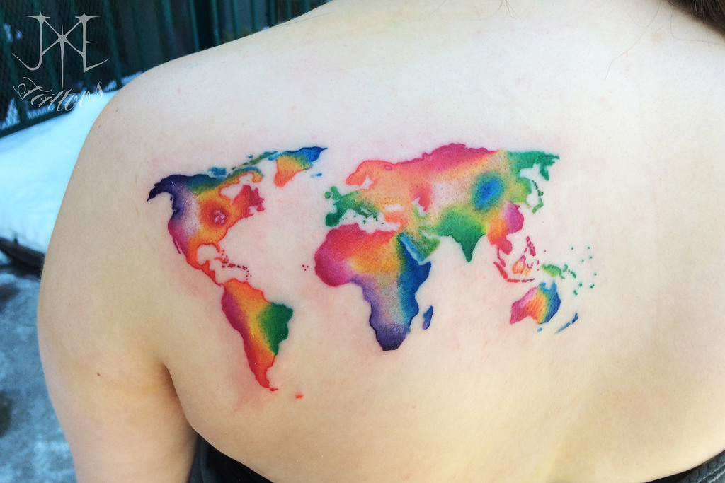 Colorful World Map Tattoo On Left Back Shoulder
