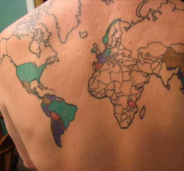 Colorful World Map Tattoo On Upper Back