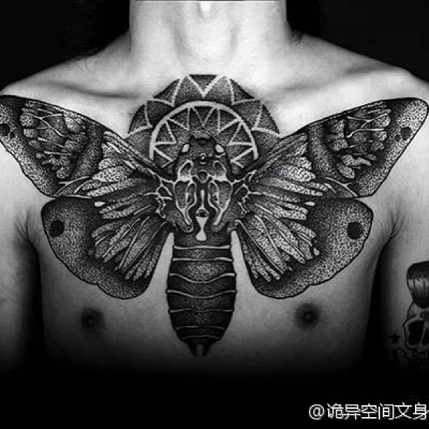 Cool Black Ink Moth Chest Tattoo For Men