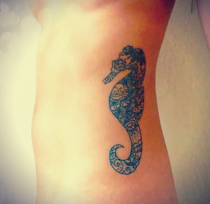 Cool Blue Ink Seahorse Tattoo On Side Rib