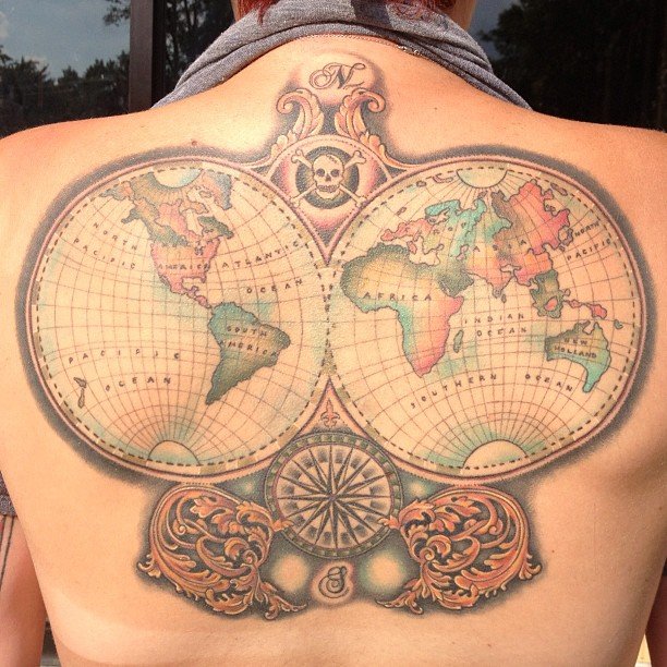 Cool Two Globe Map Tattoo On Upper Back