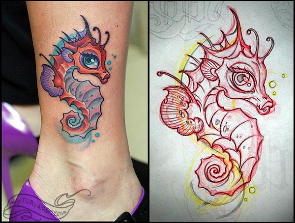 Cute Colorful Seahorse Tattoo Design For Leg