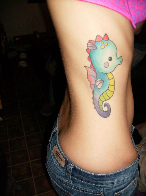 Cute Colorful Seahorse Tattoo On Side Rib