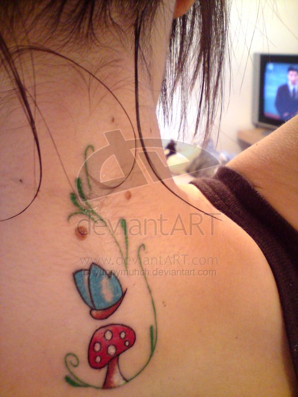 Cute Flying Butterfly and Simple Mushroom Tattoo On Upper Back