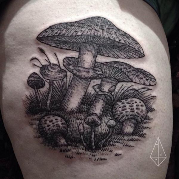 Dotwork Realistic Mushroom Tattoo by Hidden Moon