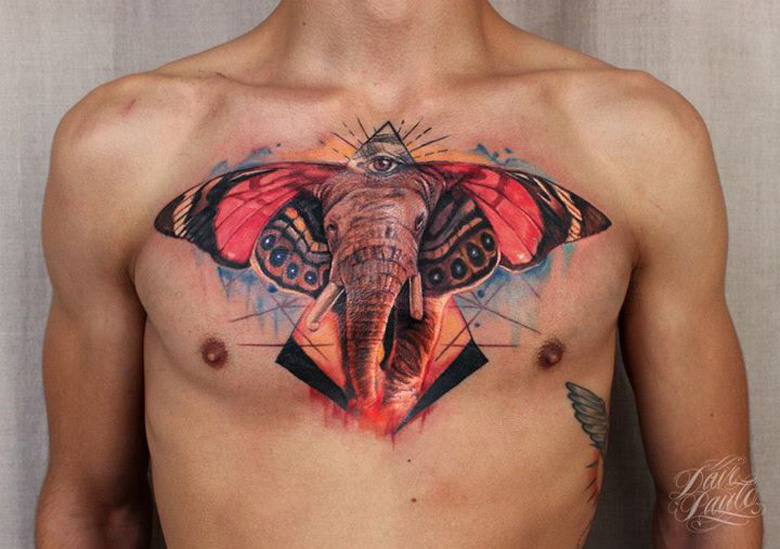 Elephant With Moth Chest Tattoo For Men