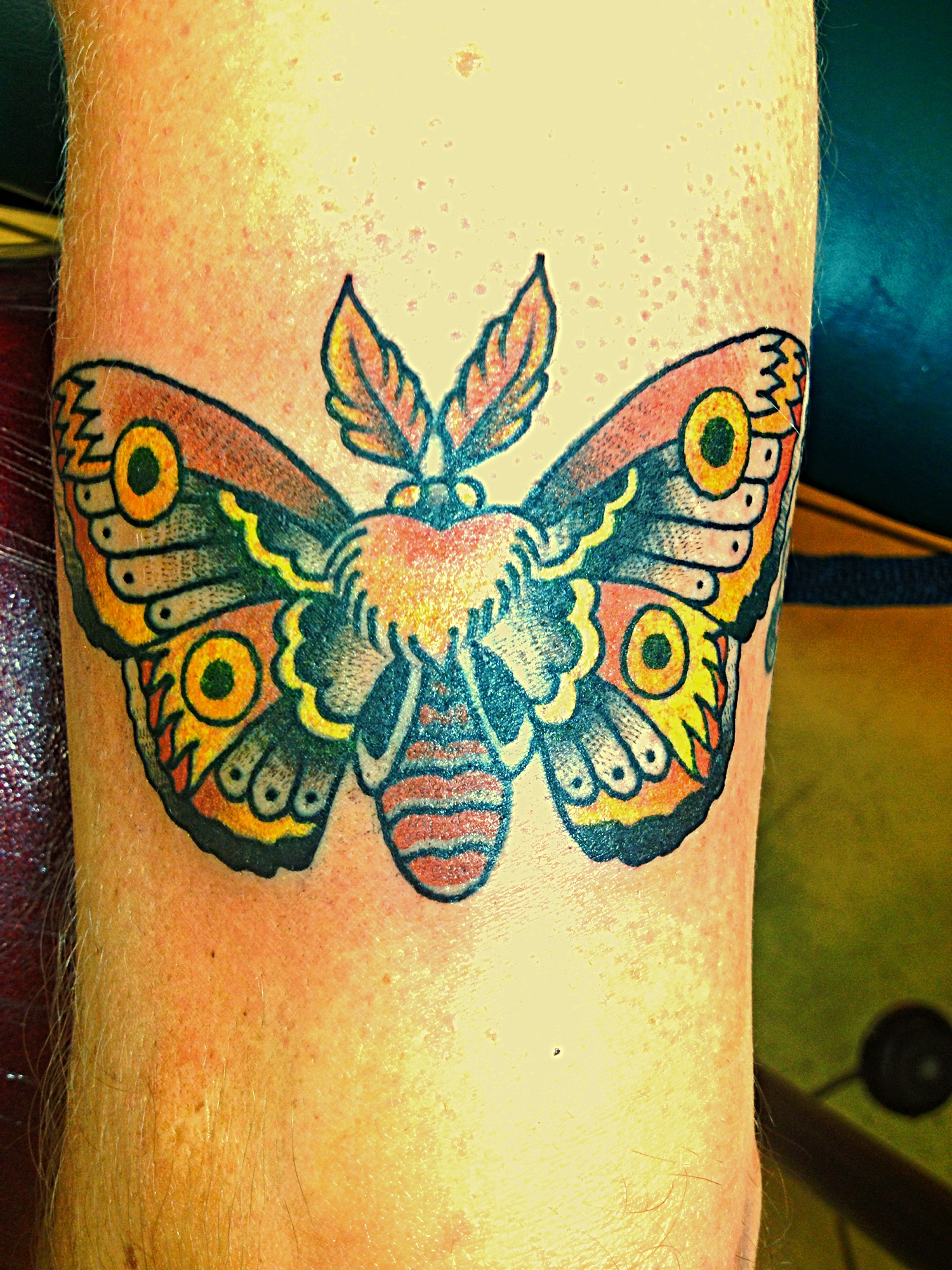 Fantastic Colorful Moth Tattoo Design For Thigh