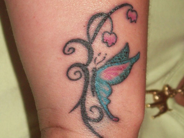 Floral Butterfly Tattoo On Side Wrist
