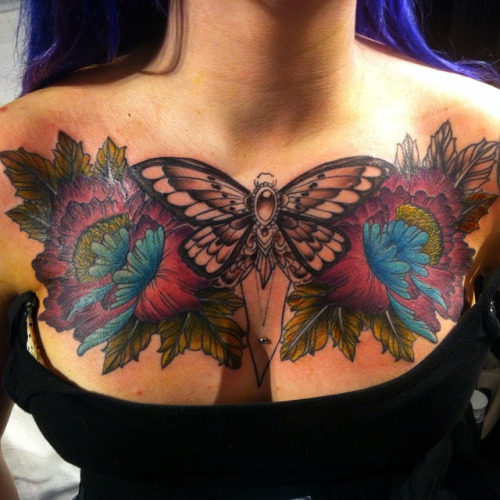 Flowers And Moth Chest Tattoo For Girls