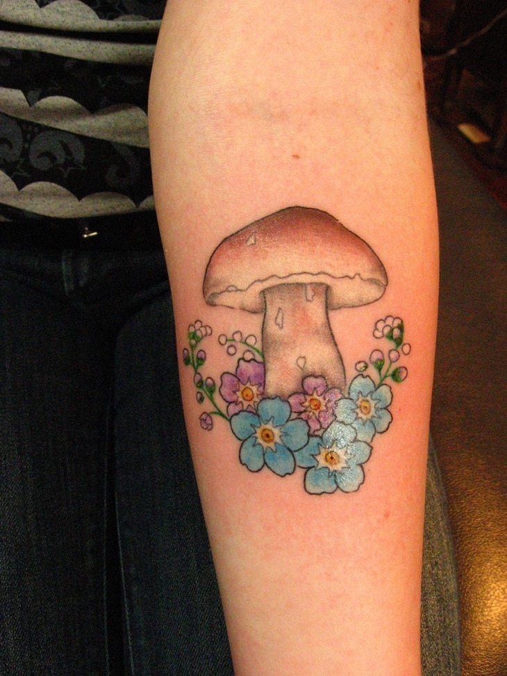 Flowers And Simple Mushroom Tattoo On Forearm