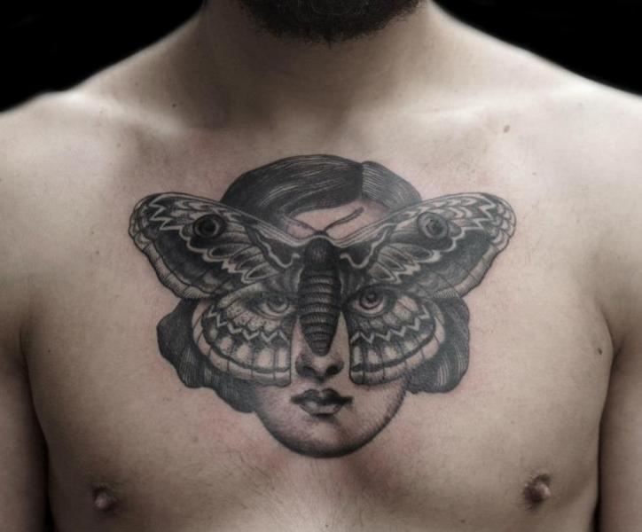 Girl Face Moth Chest Tattoo For Men