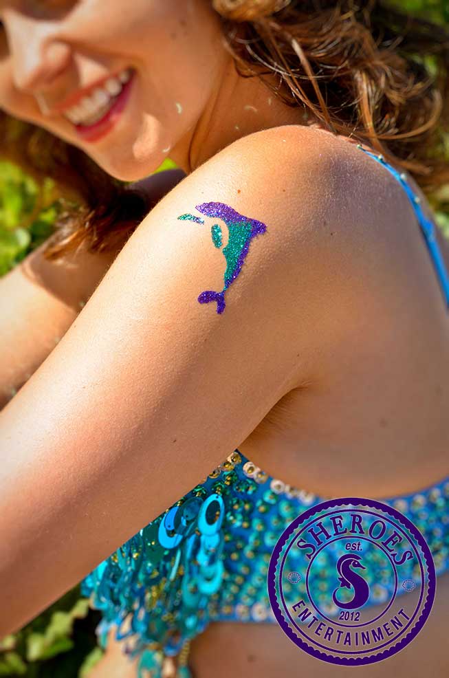 Glitter Dolphin Tattoo On Girl Left Shoulder