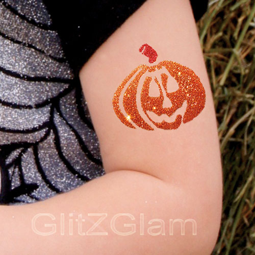 Glitter Halloween Pumpkin Tattoo On Right Half Sleeve