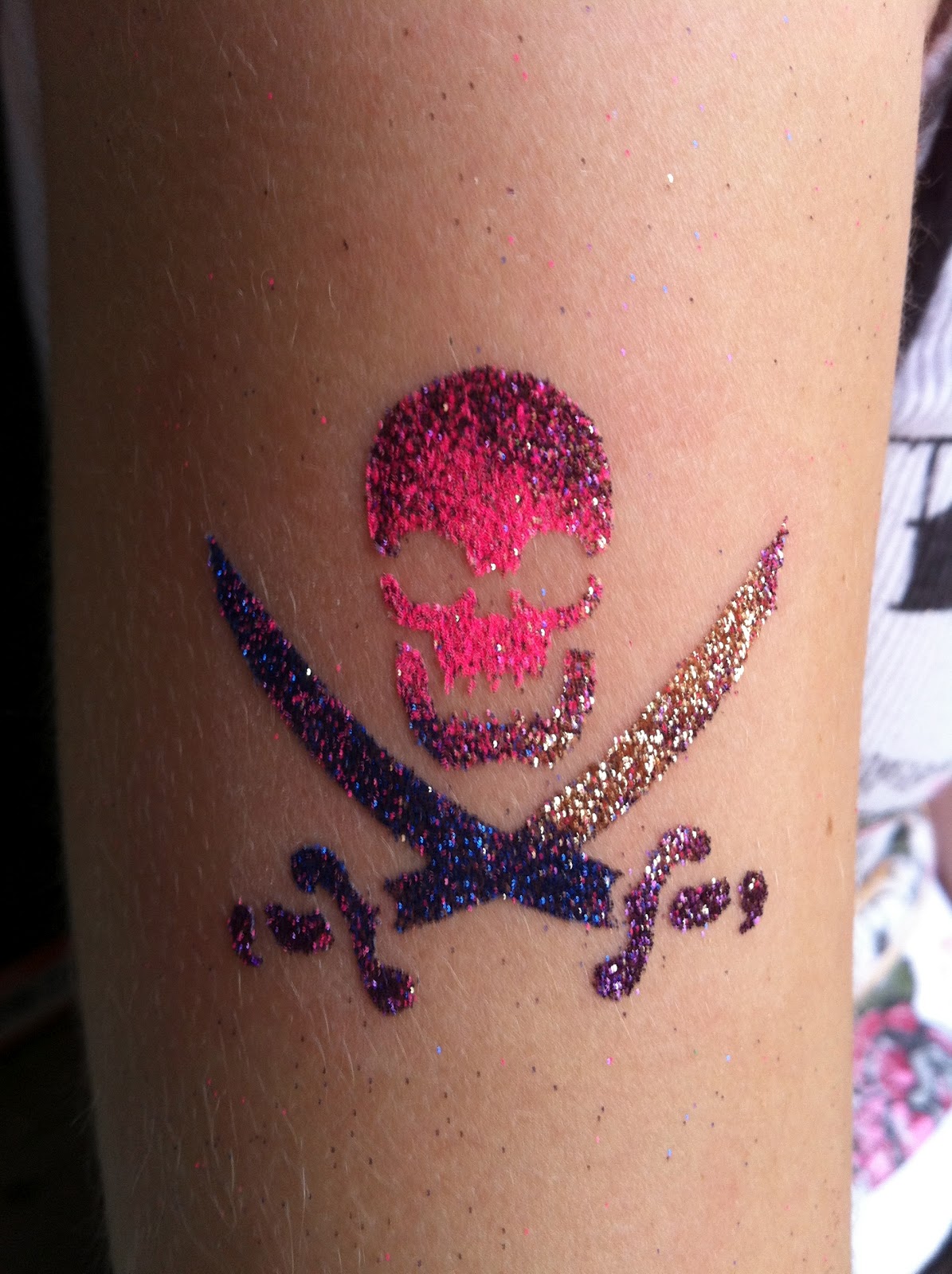 Glitter Skull With Two Crossing Sword Tattoo On Right Half Sleeve