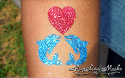 Glitter Two Dolphin With Heart Tattoo Design For Forearm